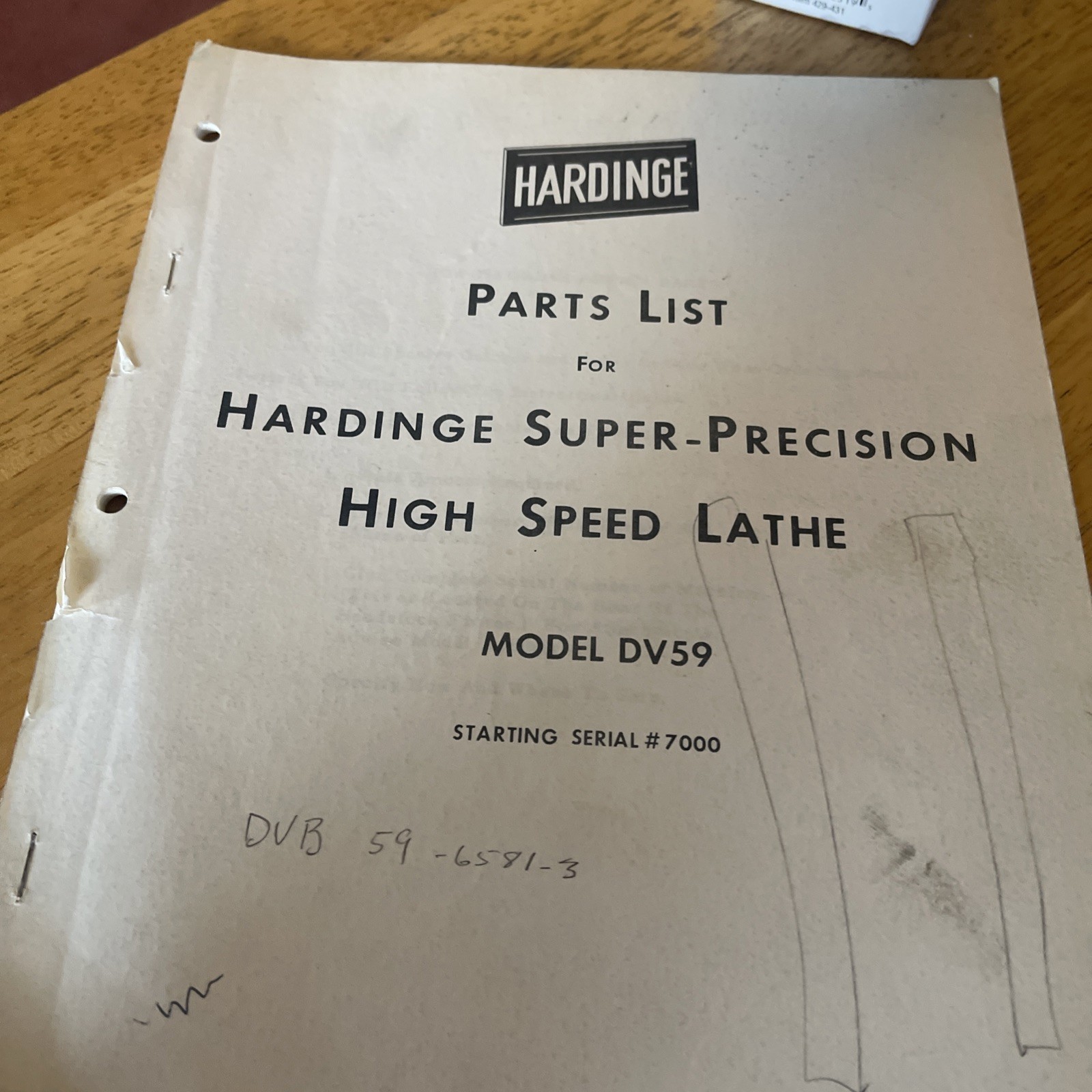 HardingeParts List Hardinge Precision Lathe Model DV59- Starting Serial#7000