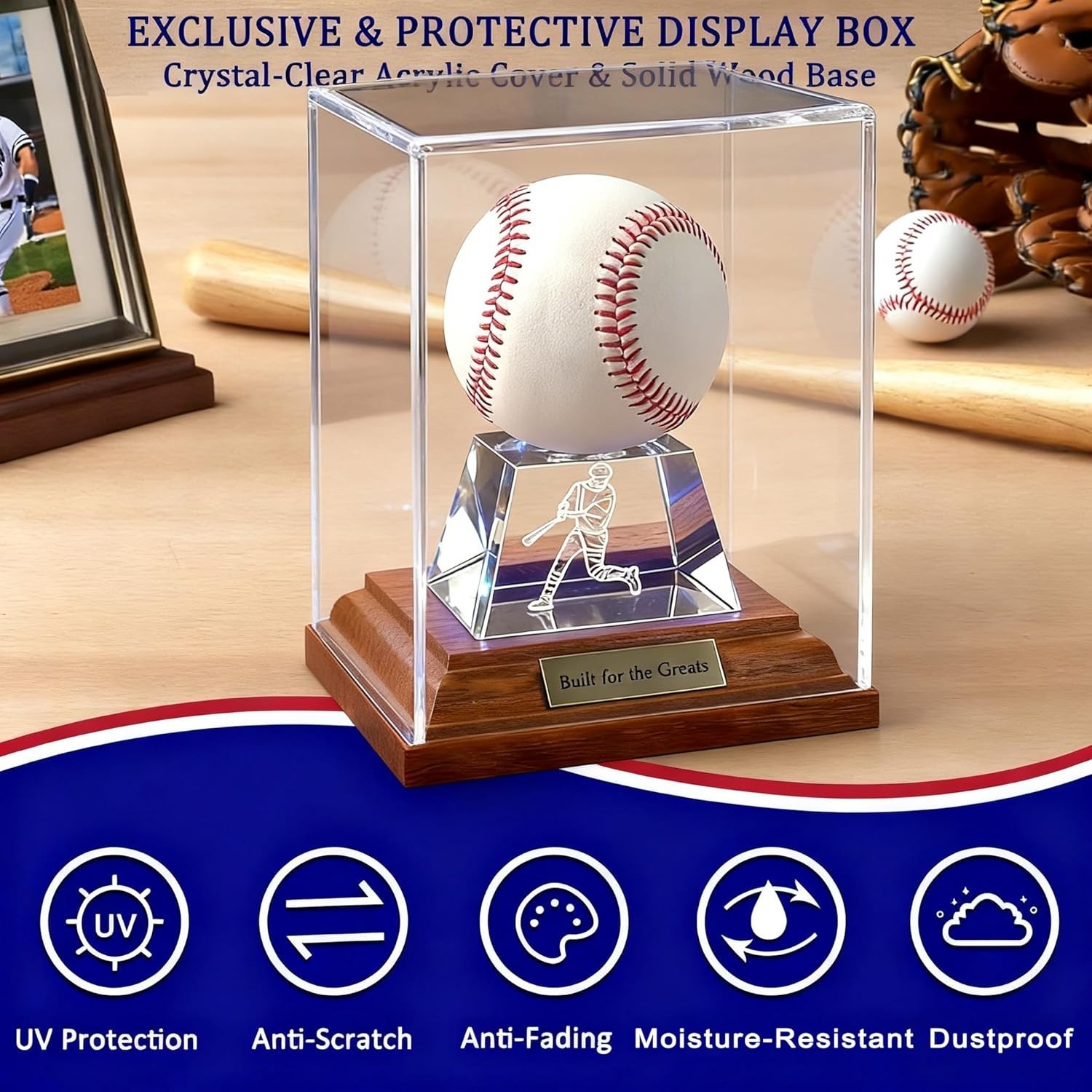 Baseball Display Case Stand with LED Lights Silvery for Souvenir