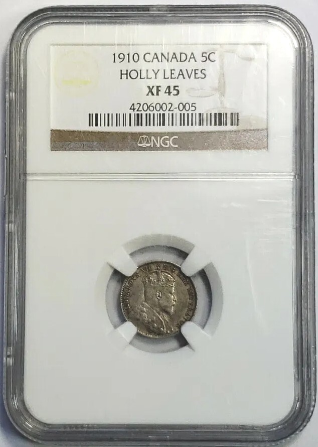 1910 Canada Silver 5C Holly Leaves NGC XF45