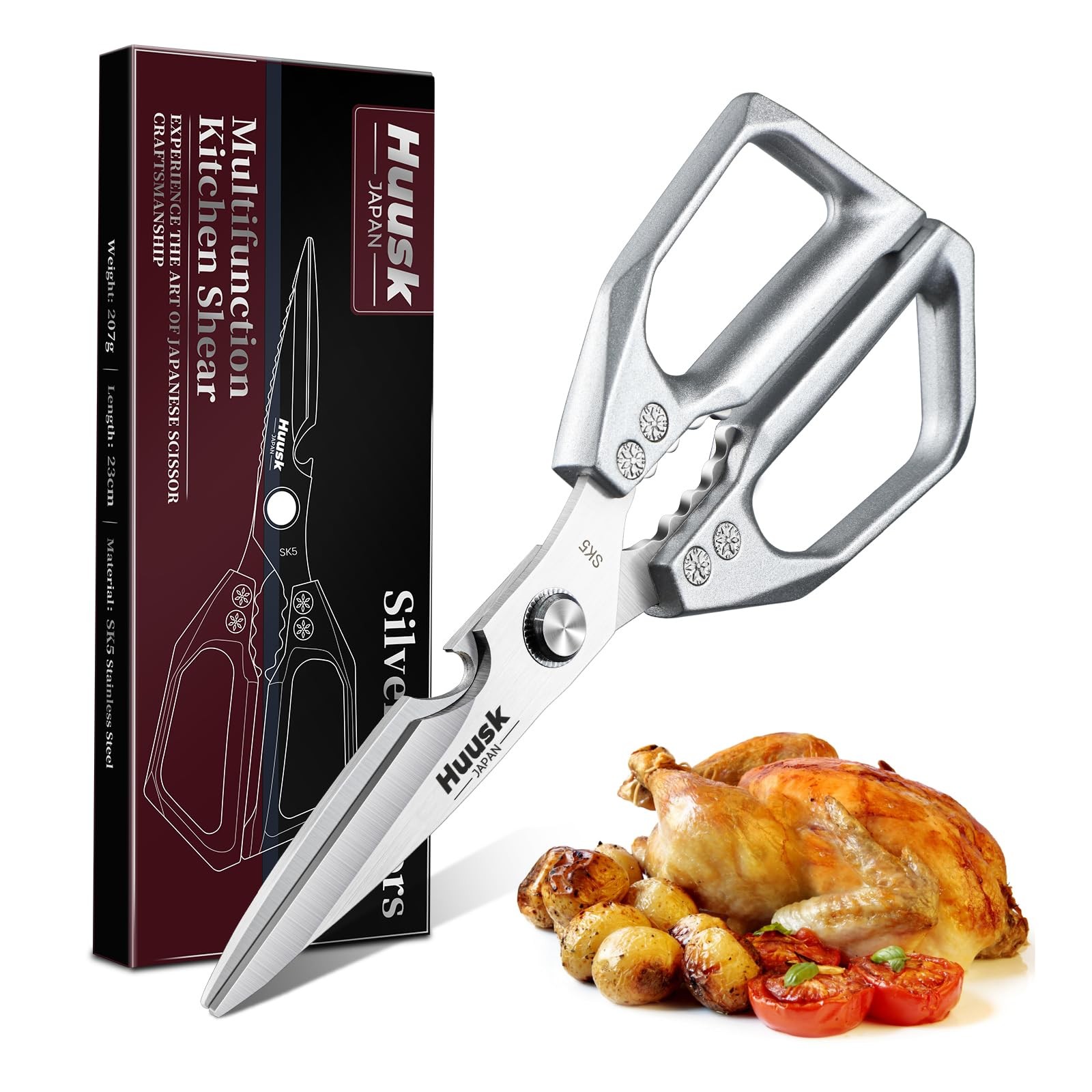HUUSK Kitchen Scissors All Purpose - Stainless Steel 9 inches, Silver