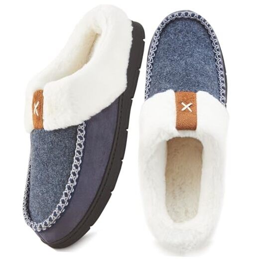 Men's Slip On Moccasin Slippers Memory Foam Fuzzy Slippers for Men 9-10 Navy
