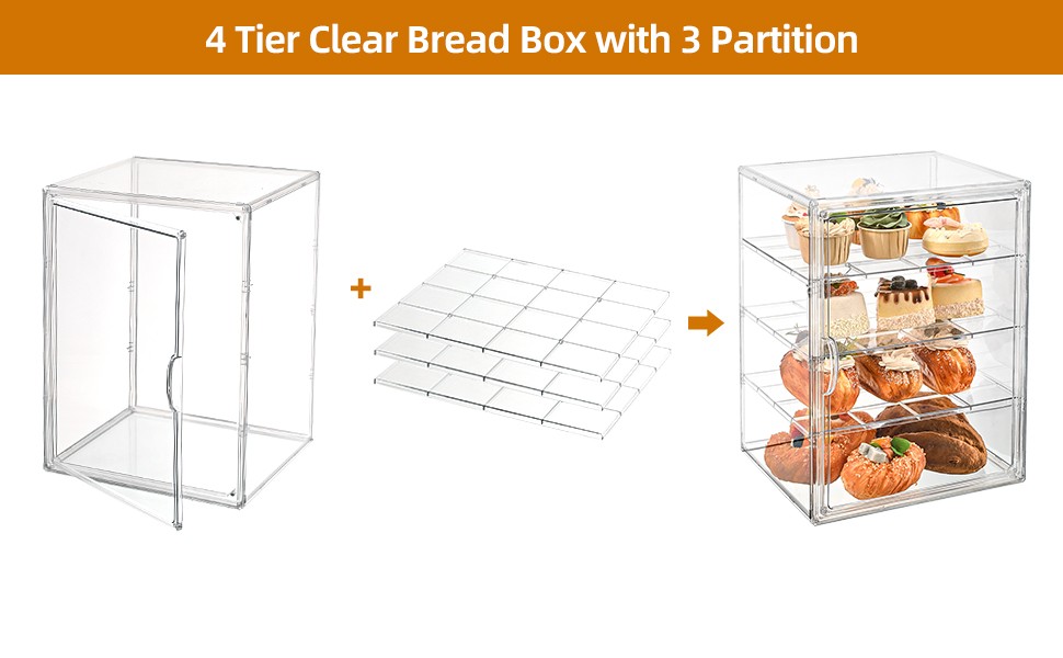 Pastry Display Case，4-Tier Adjustable Clear Bread Stora with Magnetic