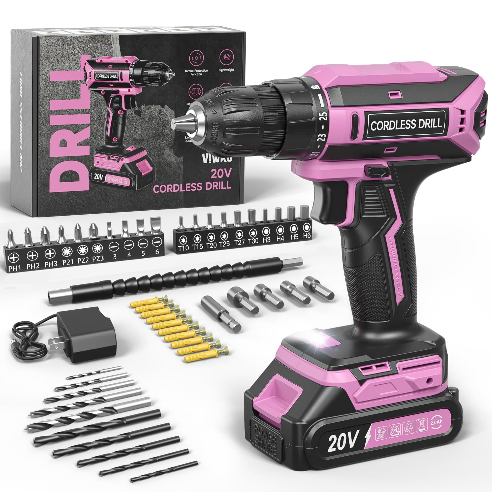 Pink Cordless Drill Set 20V Max Lightweight Electric 25 Position 56 PCS Tools