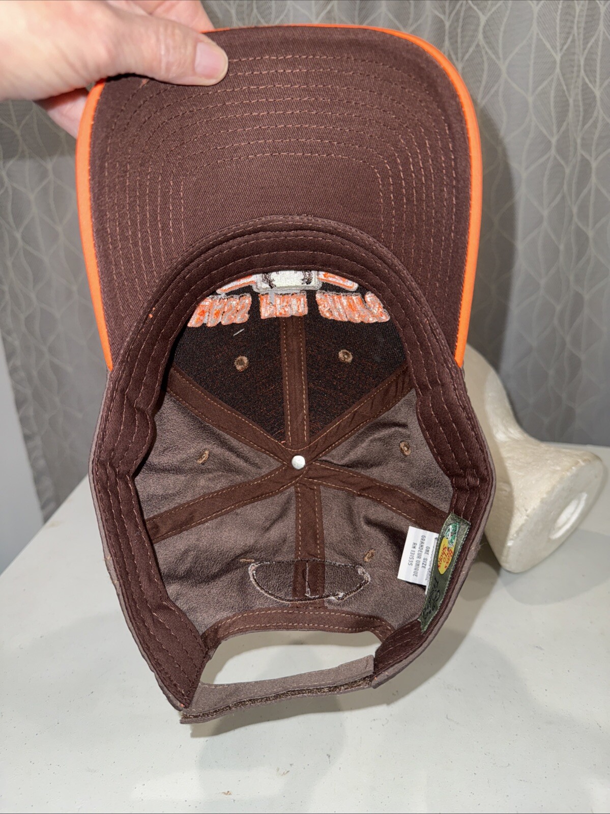 Bass Pro Shops Fluorescent Orange Front w Brown Hat Cap Hook Loop Poly Spandex