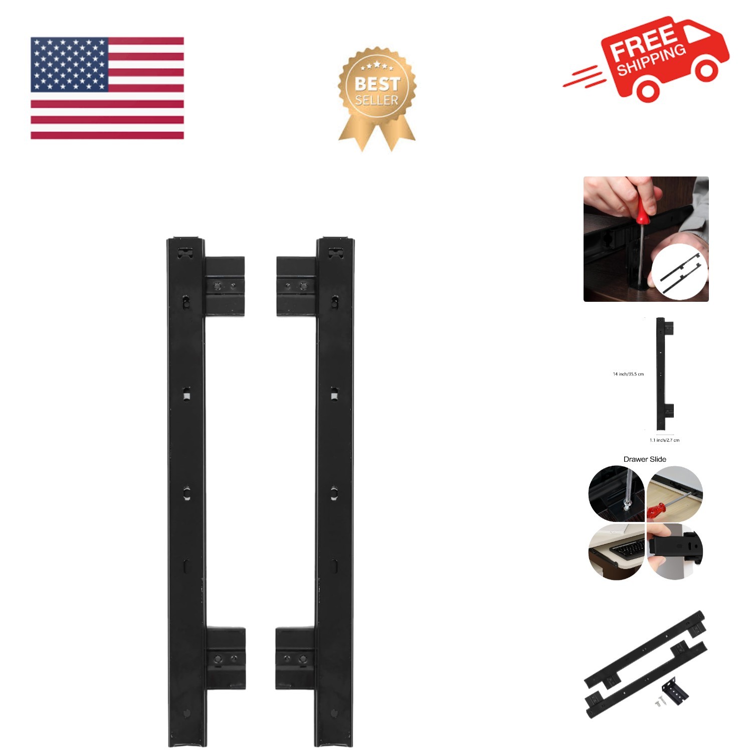 Under Desk Keyboard Sliding Rails, 14-23 Inch Ball Bearing Slides Hardware Ki...