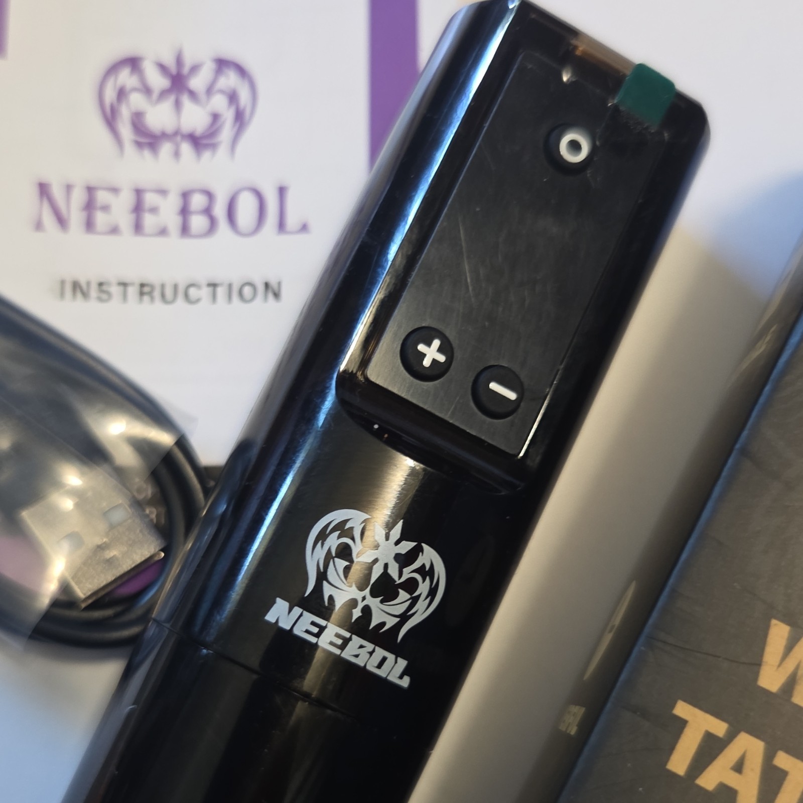 NEEBOL Wireless Adjustable Tattoo Pen Machine, Black, USB Cable & Manual