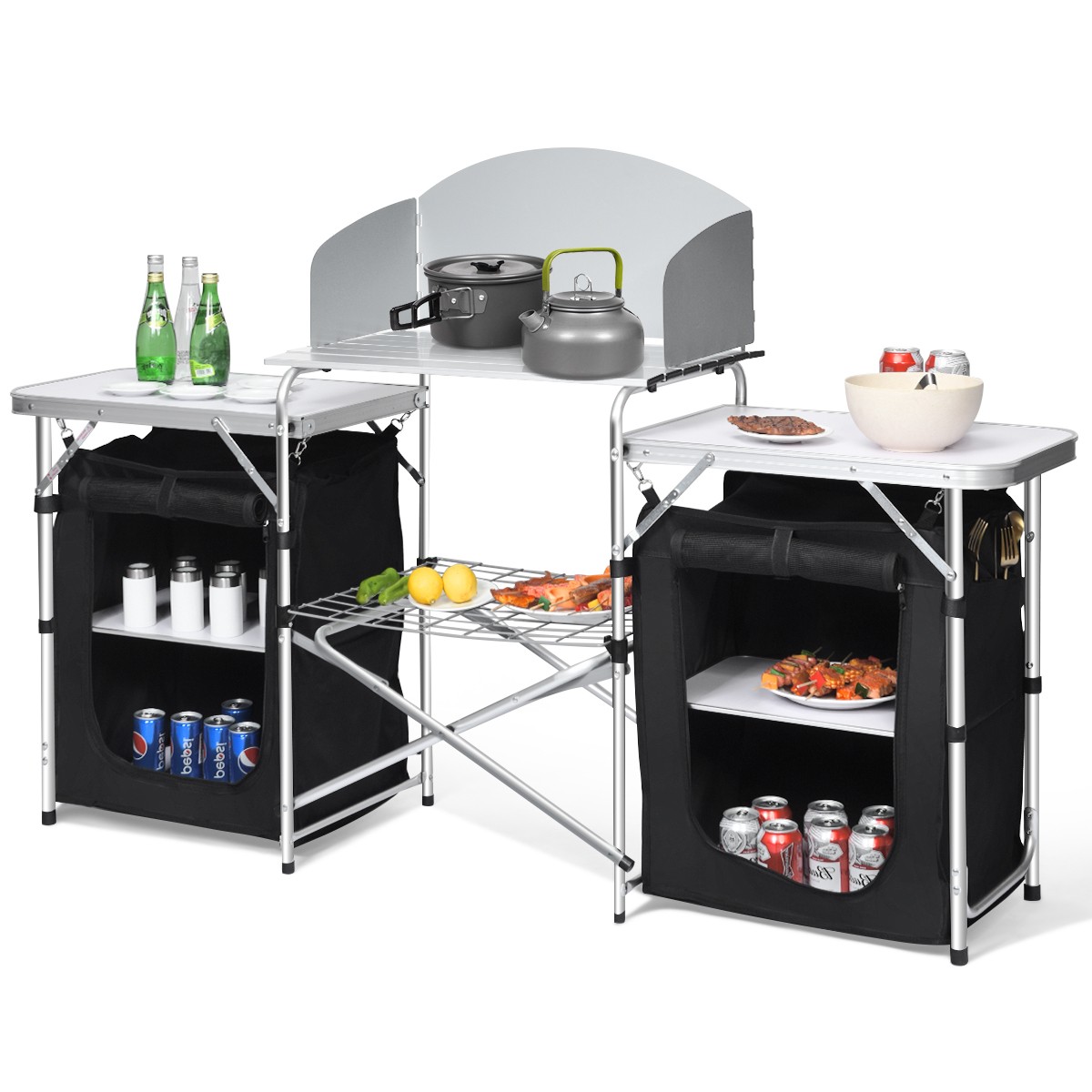 Folding Portable Aluminum Camping Grill Table w/ Storage Organizer Windscreen