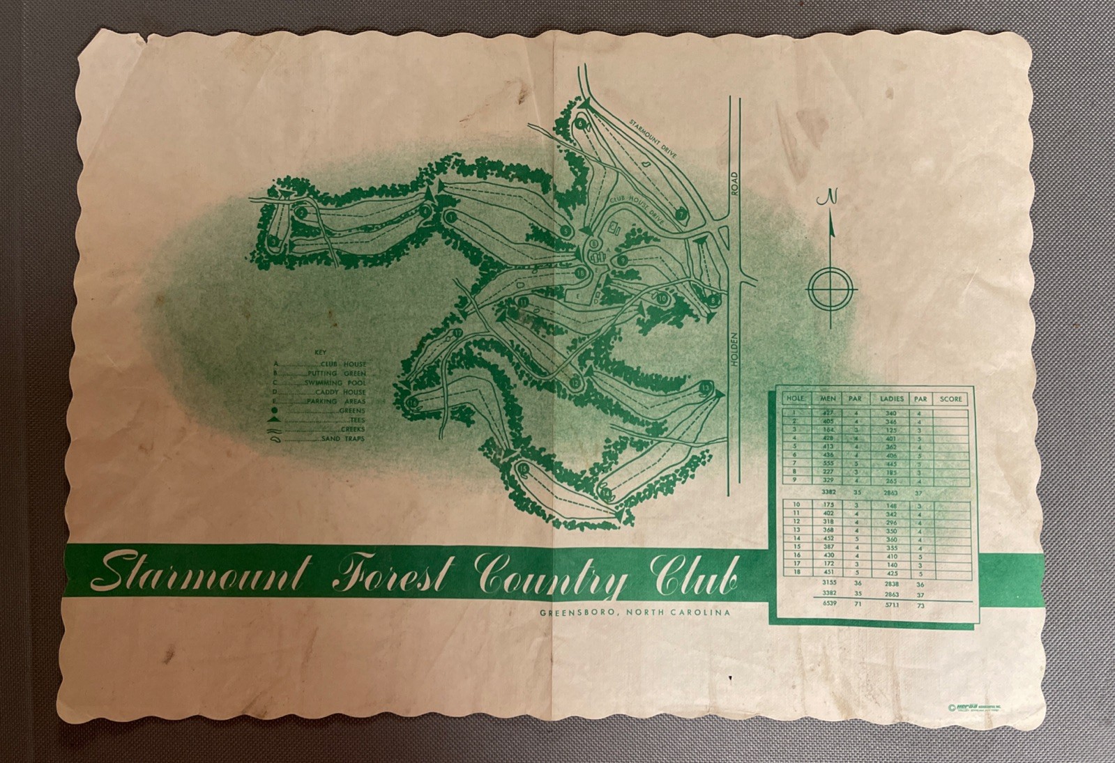 Vtg 1950s 60s Starmount Forest Country Club Greensboro NC Paper Placemat Golf