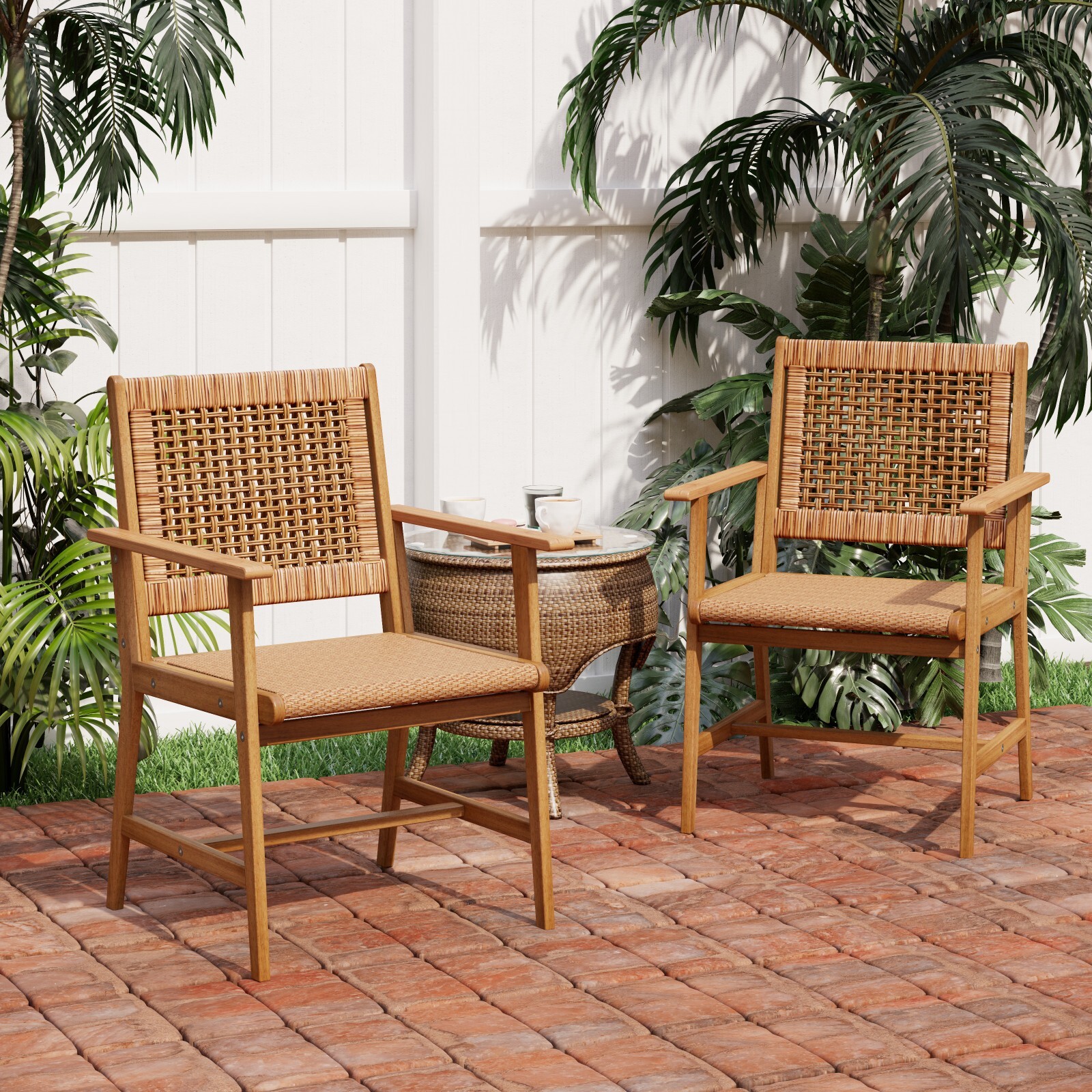 Patio Chairs Set of 2 Outdoor Acacia Wood Chairs High Back Garden Support 350lb