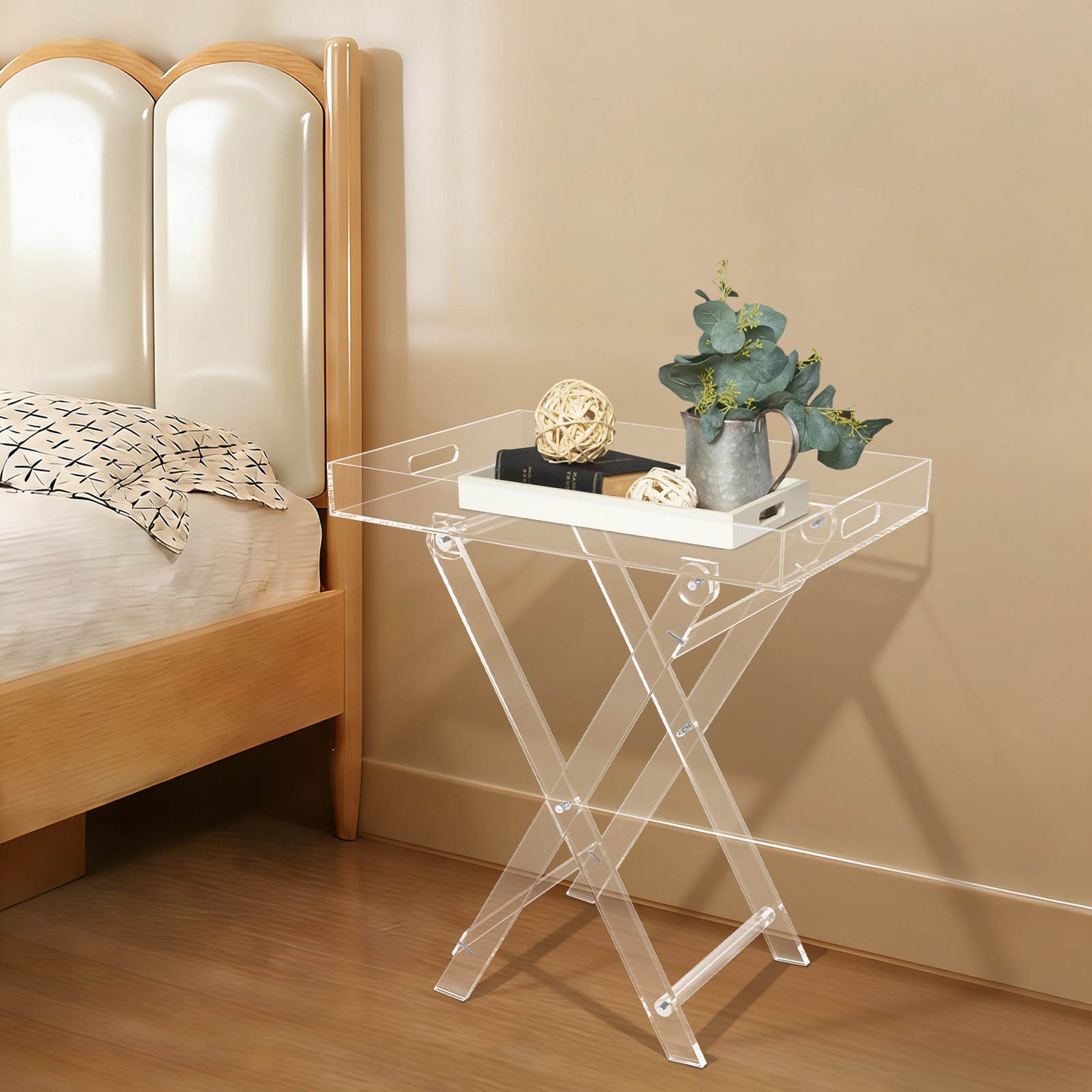 Acrylic Folding Clear Modern Tray Table,Side End Table with Hollowed-out Handles