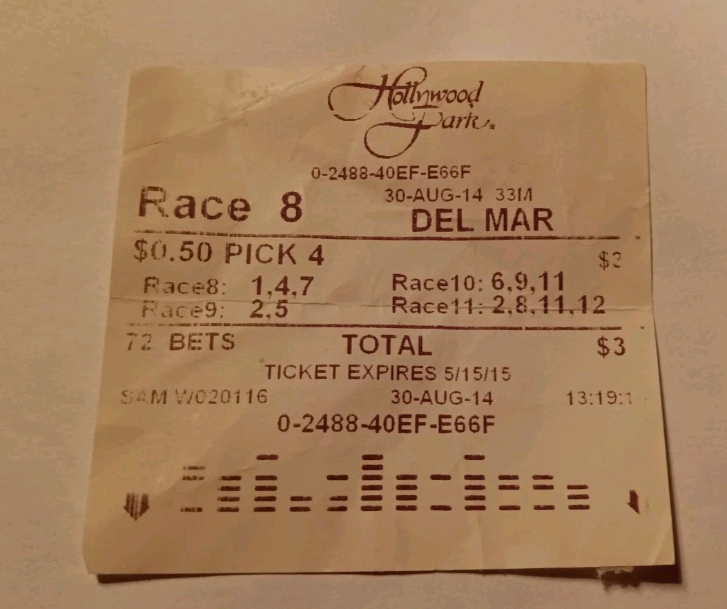 VTG HORSE RACING/HOLLYWOOD PARK $3 BETTING SLIP TICKET STUB 8/30/2014 DEL MAR
