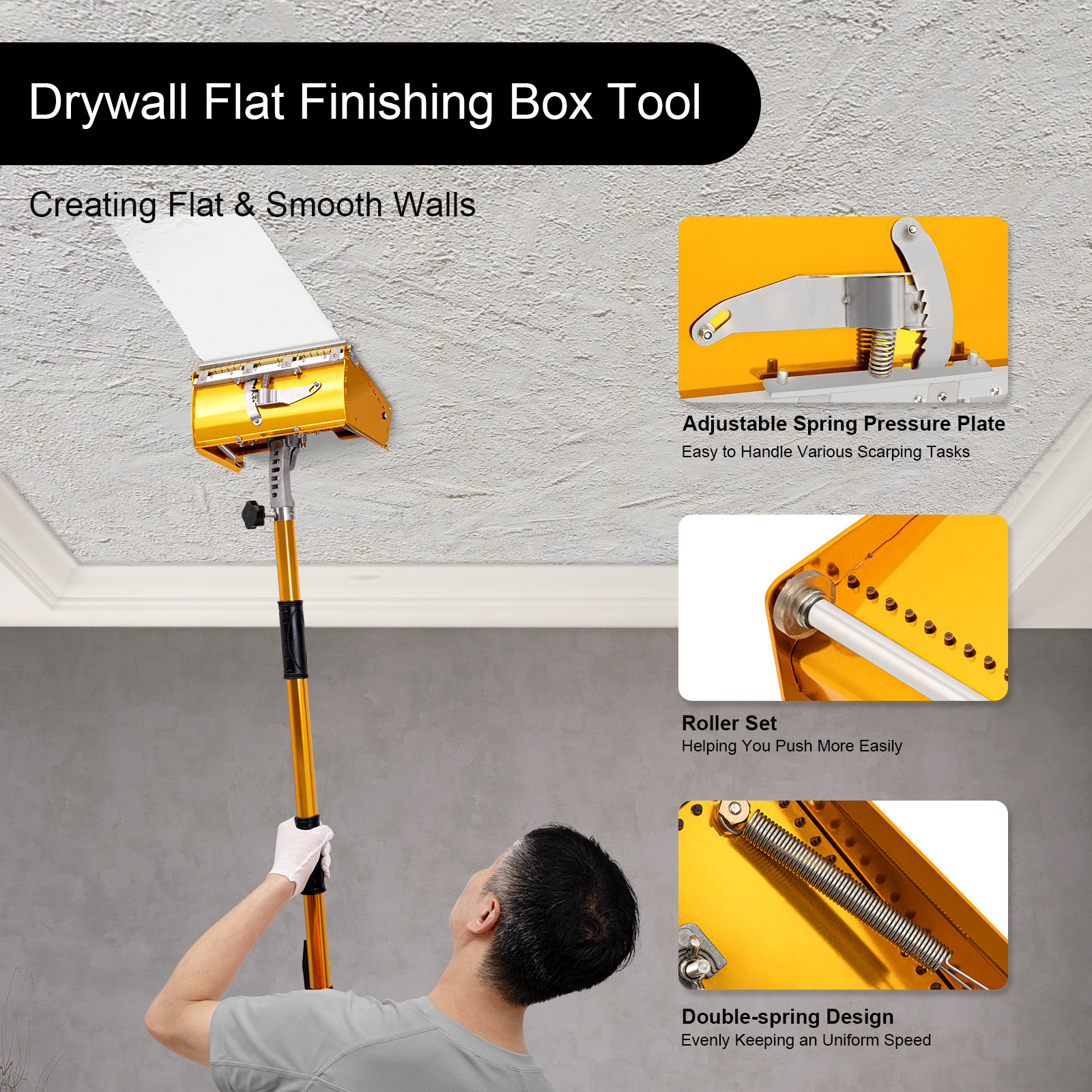 10" Drywall Taping Tools Flat Finishing Box Set w/ 40''-64'' Extendable Handle