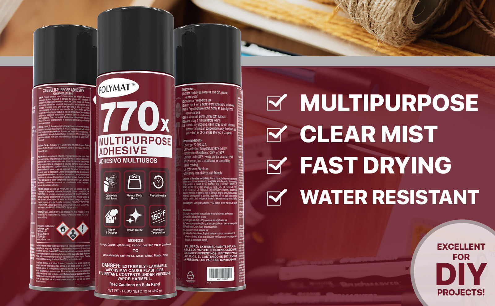Polymat 770X Multipurpose CLEAR MIST Spray GLUE Adhesive High Tack Fast Dry