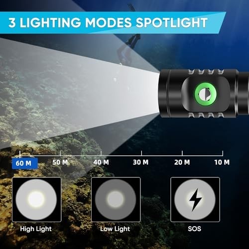 Super Bright Rechargeable Waterproof Dive Light - 3 Modes Scuba Flashlight Torch
