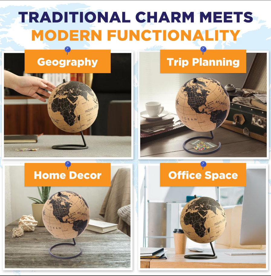 Travel Cork Globe Black 50 Push Pins Educational Map Display Stand