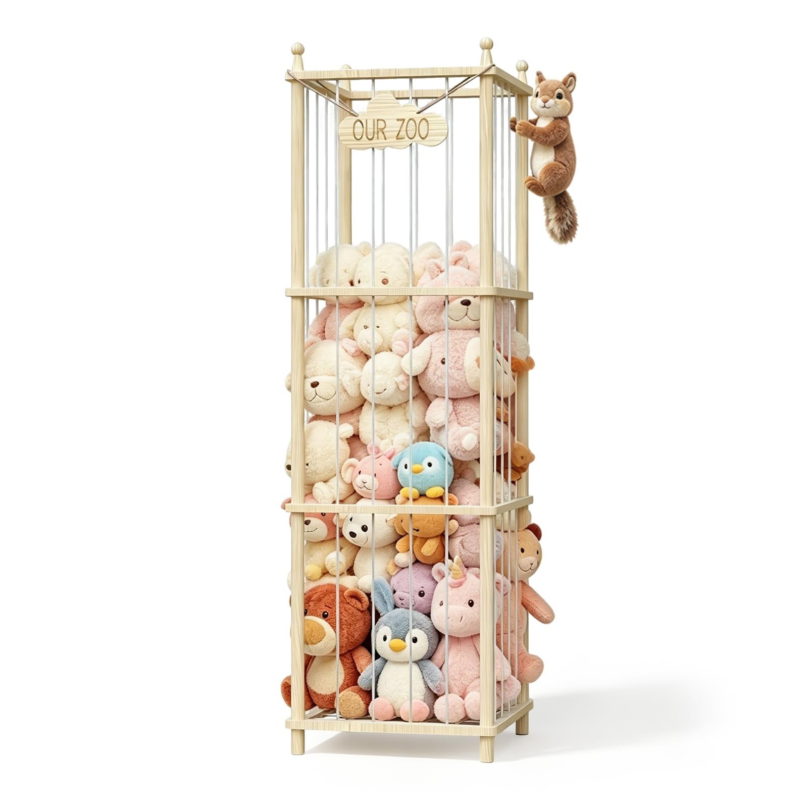 Stuffed Animal Storage Zoo - 54 Inch Large Wooden Toy Organizer, Anti-Tip Des...