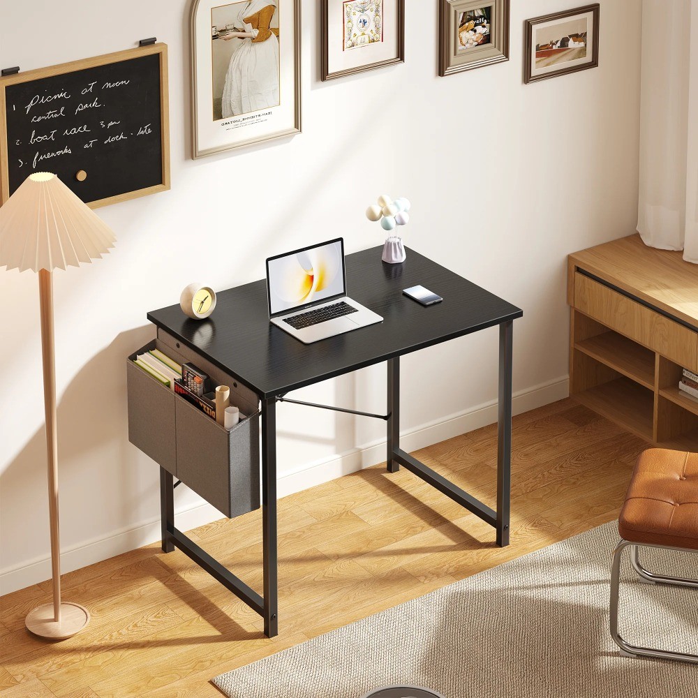 Black 31" Computer Desk, Metal Frame,Waterproof Top & Storage Bag for Office Use