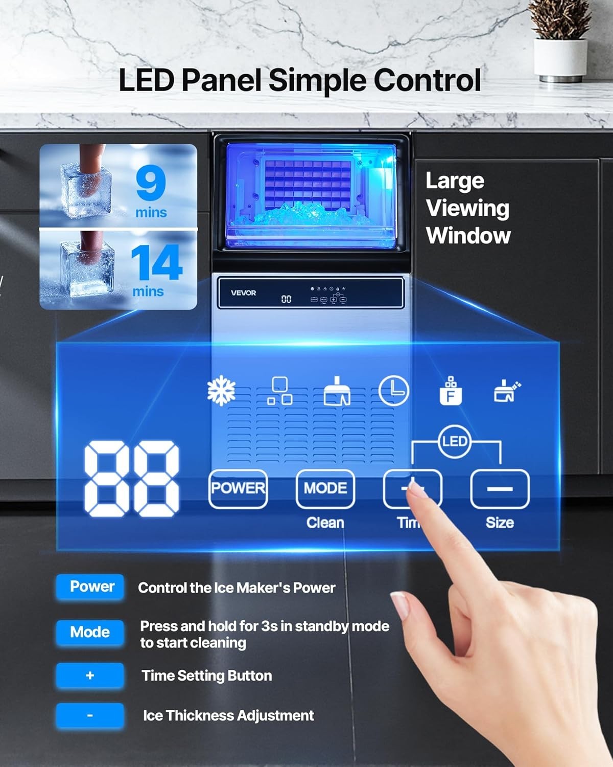 Energy Efficient Ice Maker - 130Lbs Daily Production, Quiet & Easy to Clean