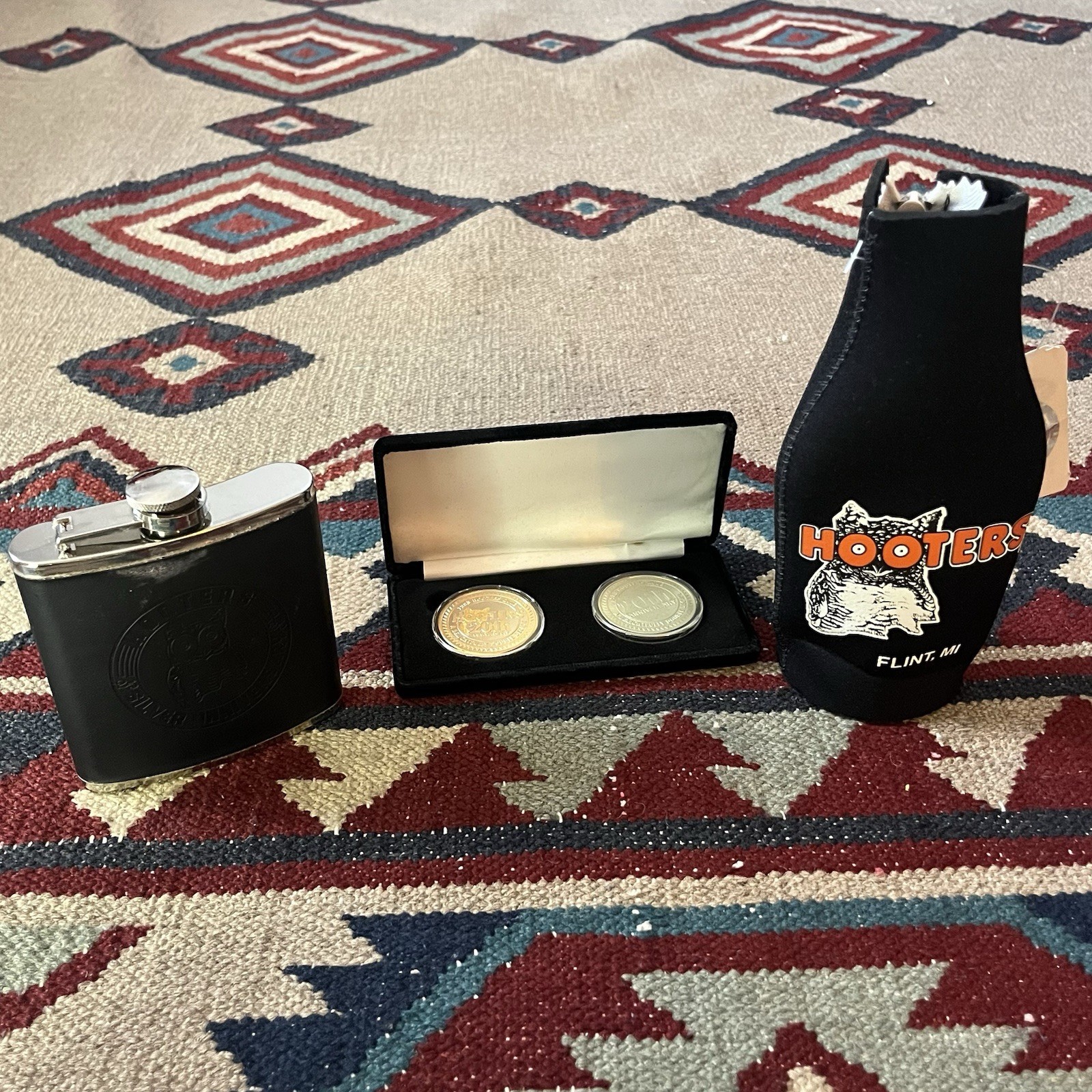 Hooters 20th Anniversary Coins, 25th Anniversary Flask & Flint MI Bottle Coozie