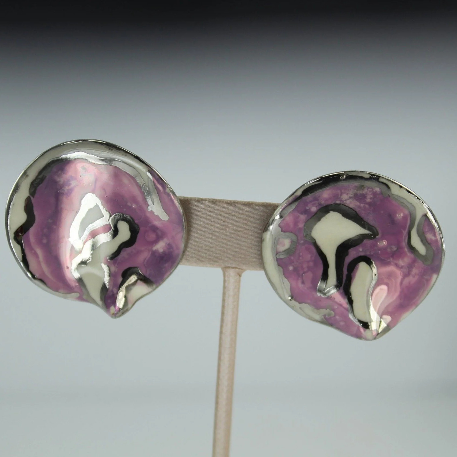 Free Form Large Ceramic Post Earrings - Lavender Purple White Silver