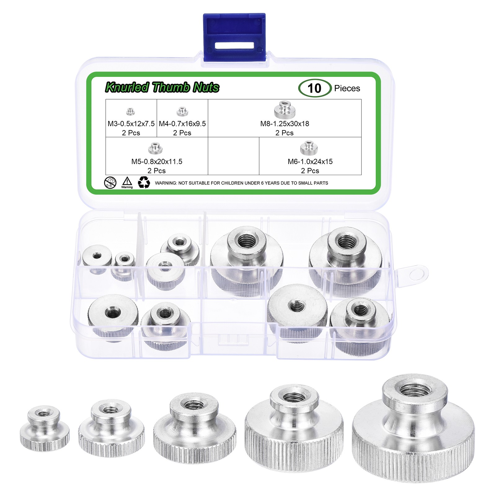 10Pcs Knurled Thumb Nuts, M3 M4 M5 M6 M8 High Head Female Threaded, Silver