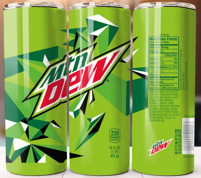 Mountain Dew Tumbler 20oz Skinny Cup Mug Stainless Steel w Straw