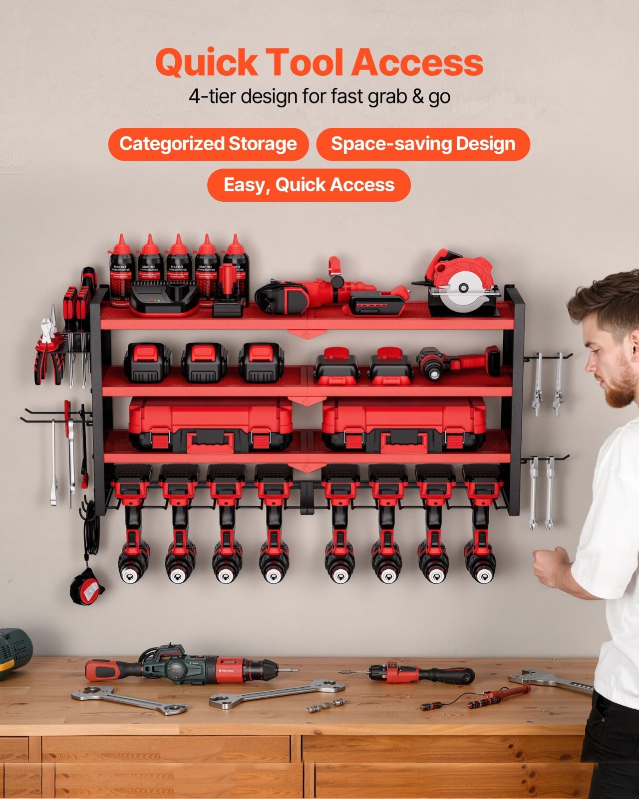 4-Layer Wall Mount Tool Organizer Rack with 8 Drill Holders & Side Pegboards - G