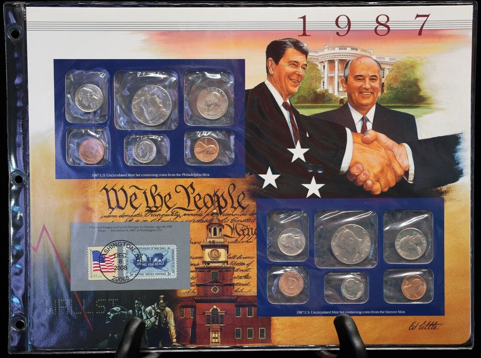1987 P & D Uncirculated Mint Set Postal Commemorative Society Coins & Stamps