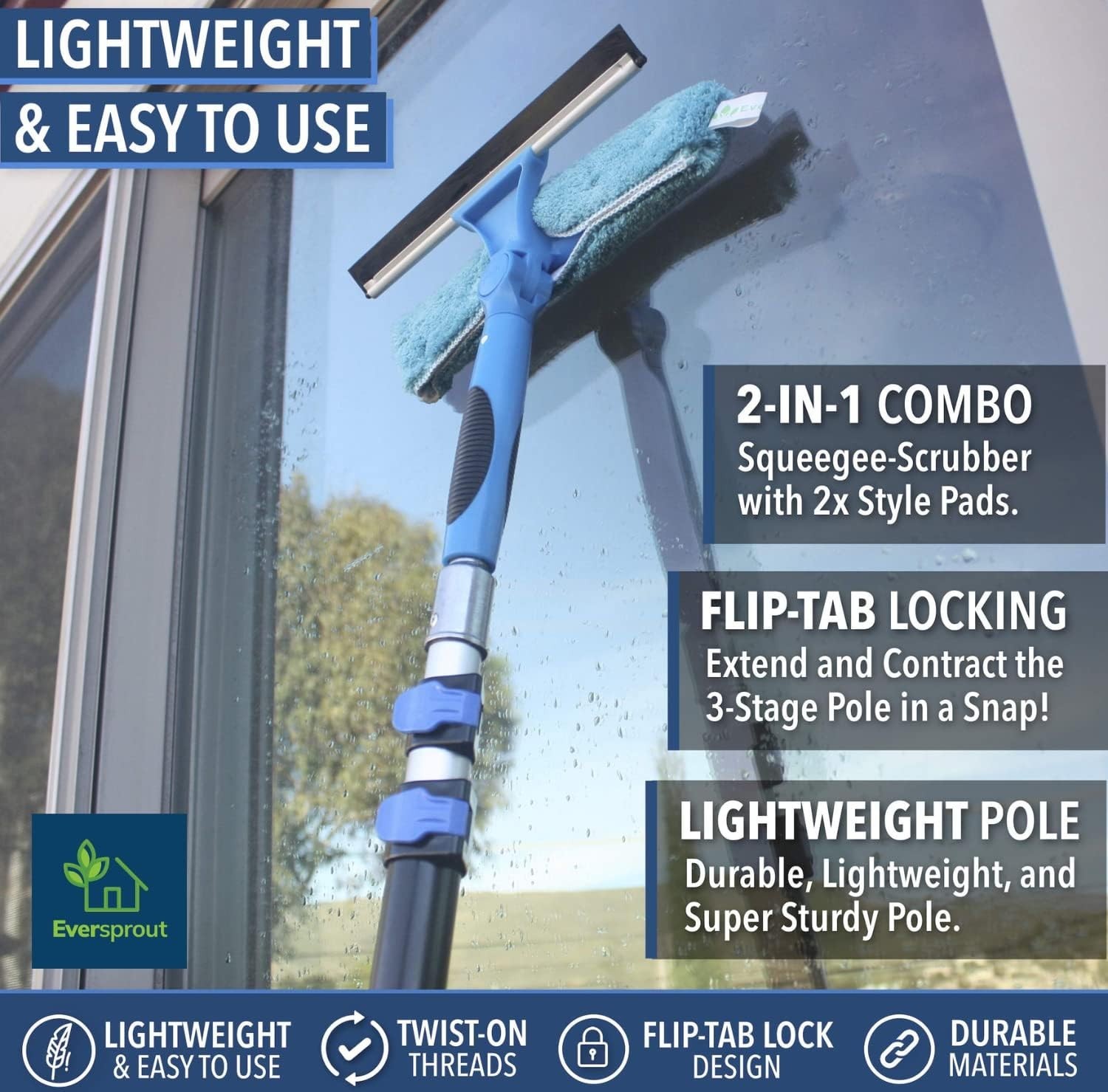 Extendable Window Scrubber & Squeegee Kit, 13ft , 7 Angles, Reusable Microfiber