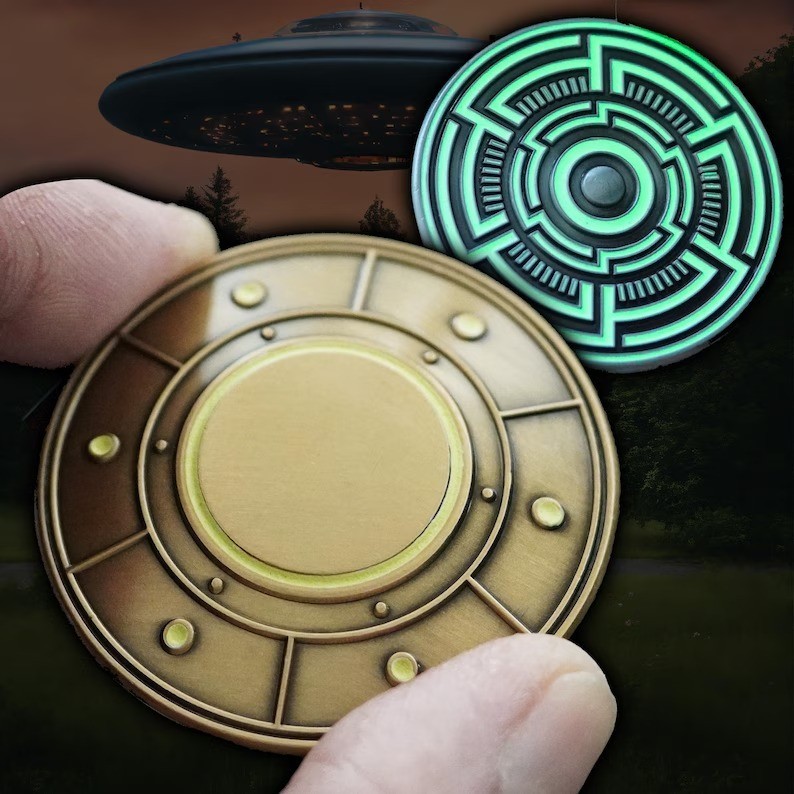 Spinning UFO Challenge Coin that Glows in the Dark - Antique Gold