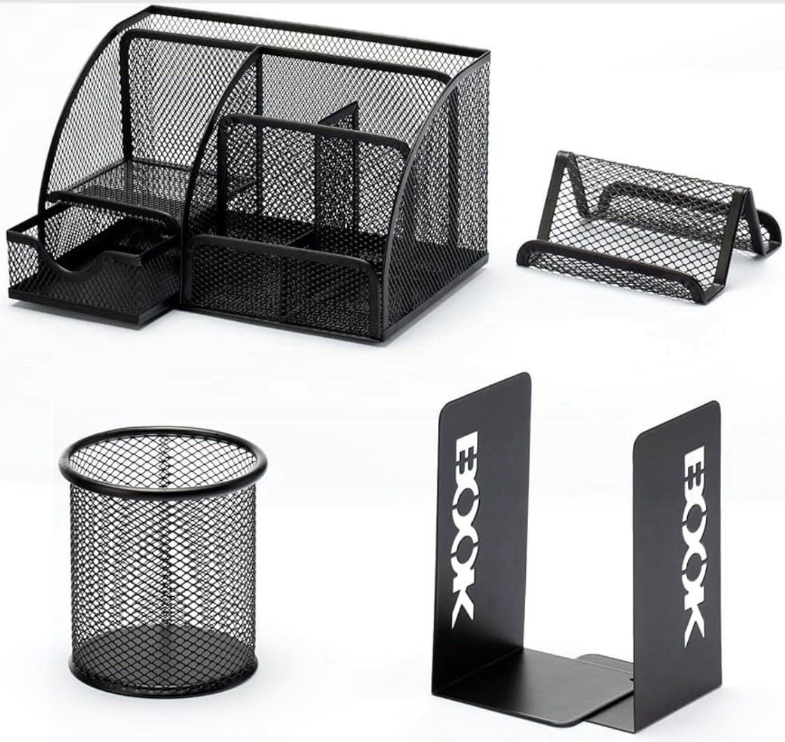4 Piece Black Mesh Desk Organizer 7 Slot Pen Holder Card Bookend Office Set !!