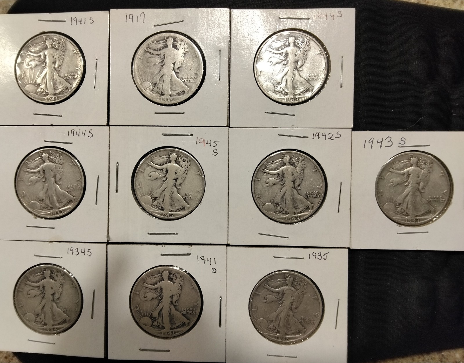 Silver Coin Lot Of 10 Coins Walking Liberty Half Dollars 1917-1945
