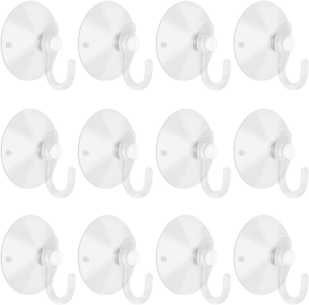 12 Pieces Small Suction Cups W/ Hooks 1.2 inch Clear Plastic Sucker Hooks Glass