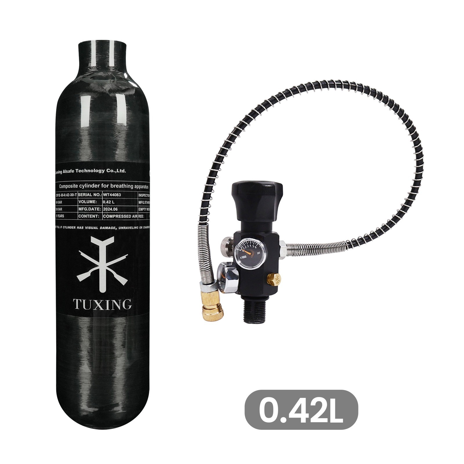 TUXING 4500psi PCP AirTank,0.42L Carbon Fiber HPA Tank with Dual Gauge Regulator