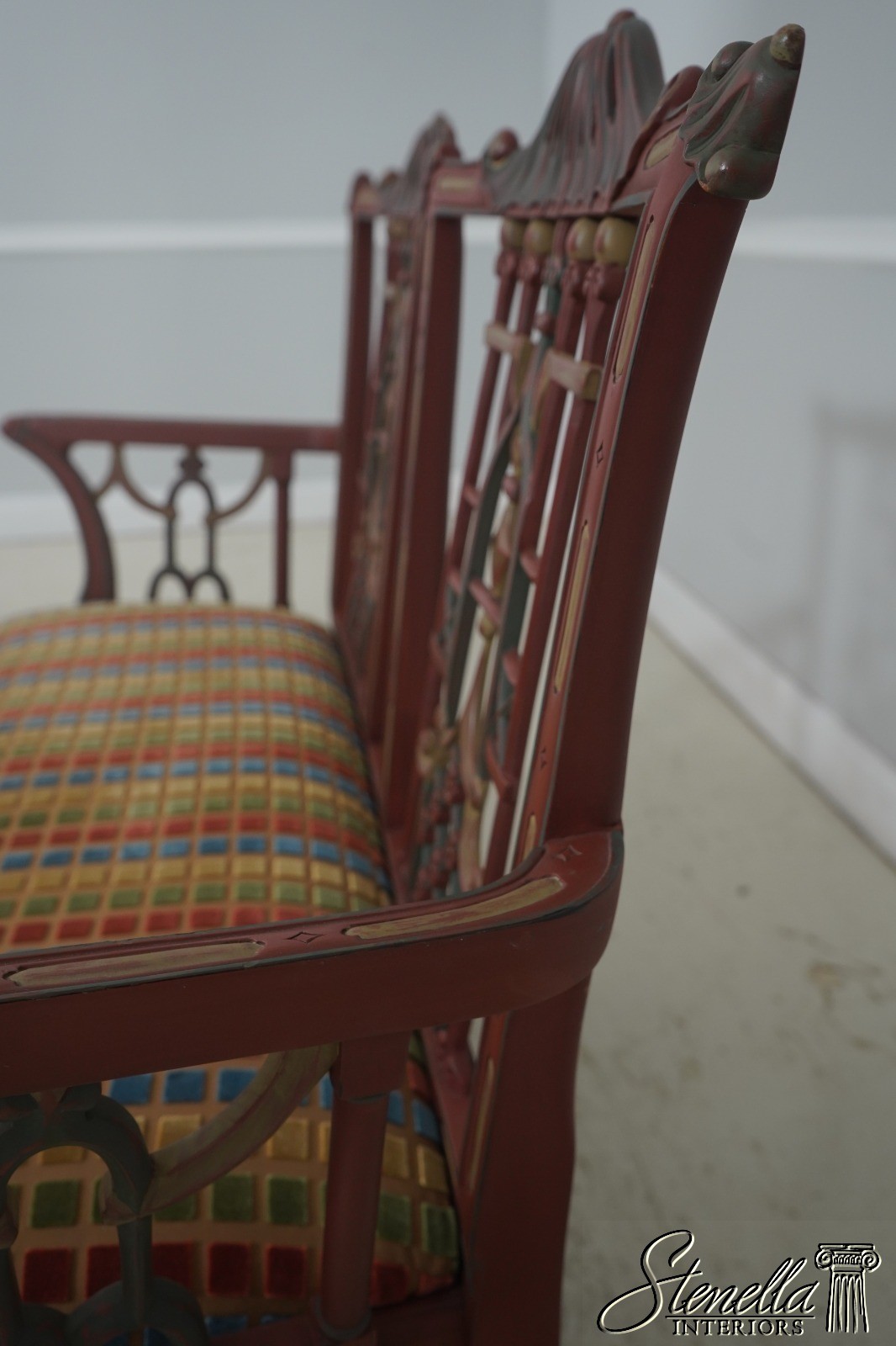 72052: Chinese Chippendale Style Painted Finish Settee Bench