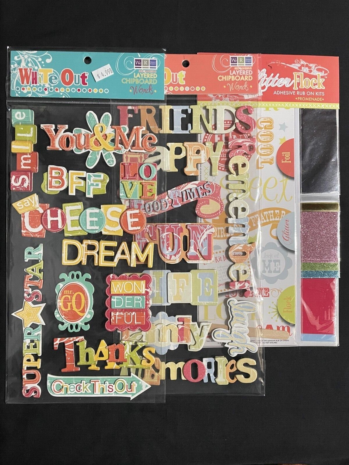 WE R MEMORY KEEPERS DIMENSIONAL WORDS AND FOIL, GLITTER, FLOCK RUB-ONS