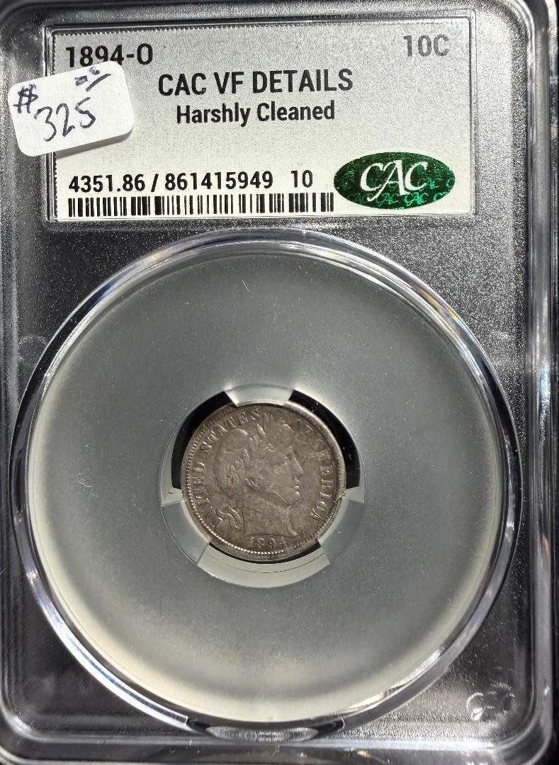 1894-O BARBER DIME - CAC - VF Details