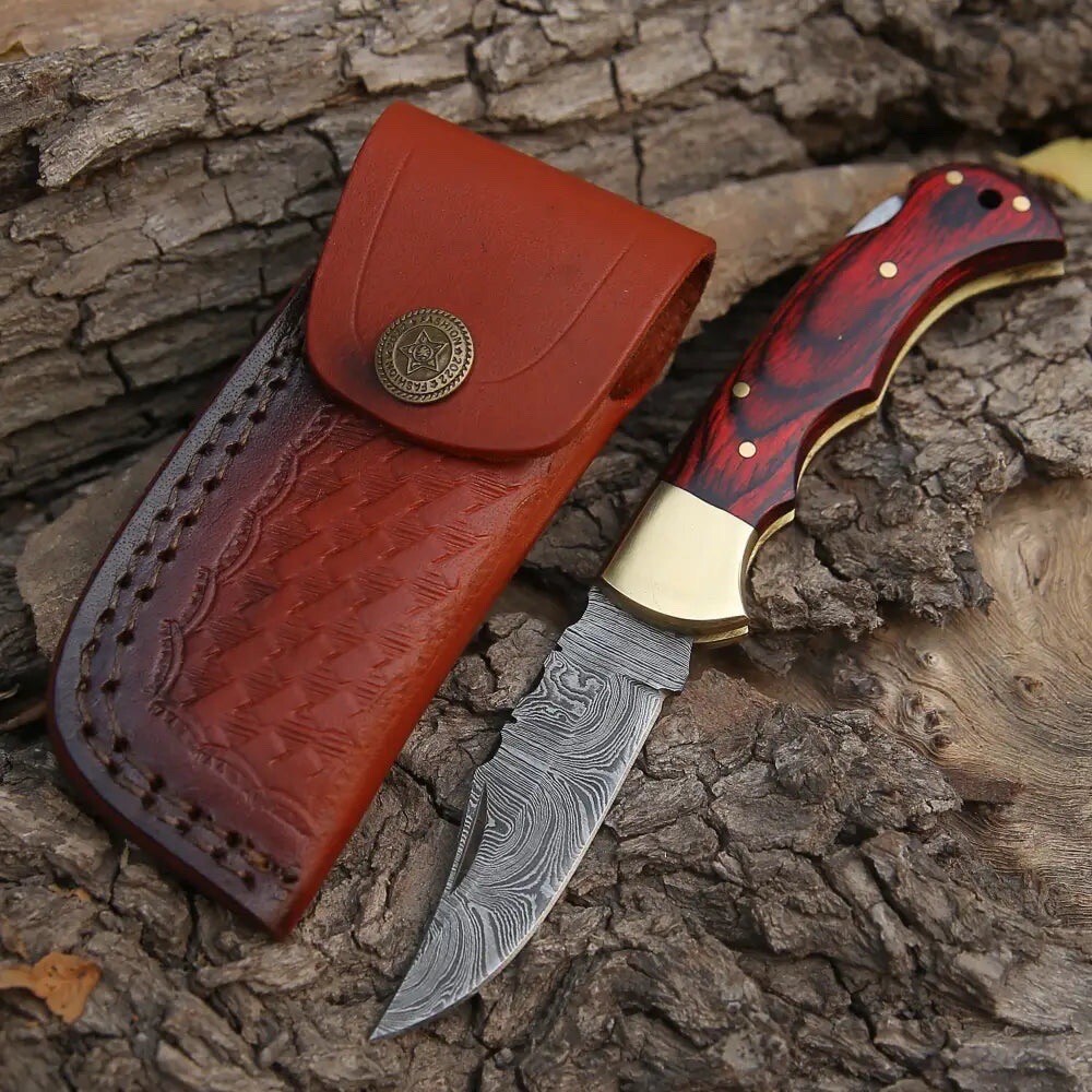 HANDMADE DAMASCUS STEEL FOLDING BLADE POCKET KNIFE RED HANDLE KNIFE