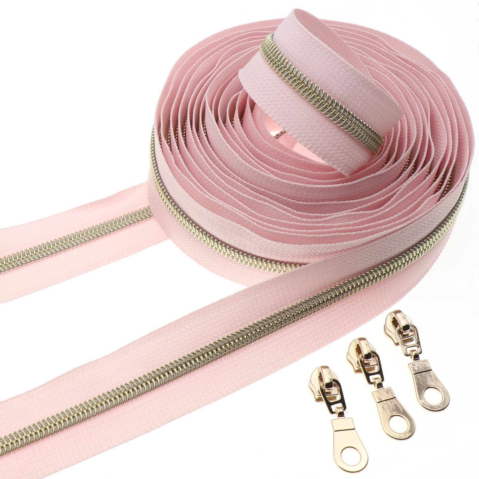 Leekayer #5 Nylon Zippers Bulk 5 Yards Light Gold Teeth Zipper Pink Tape | Me...