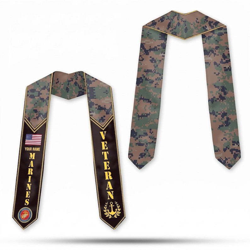 Marines Veteran Graduation Stole, Personalized Camo Class of 2026, USMC Military