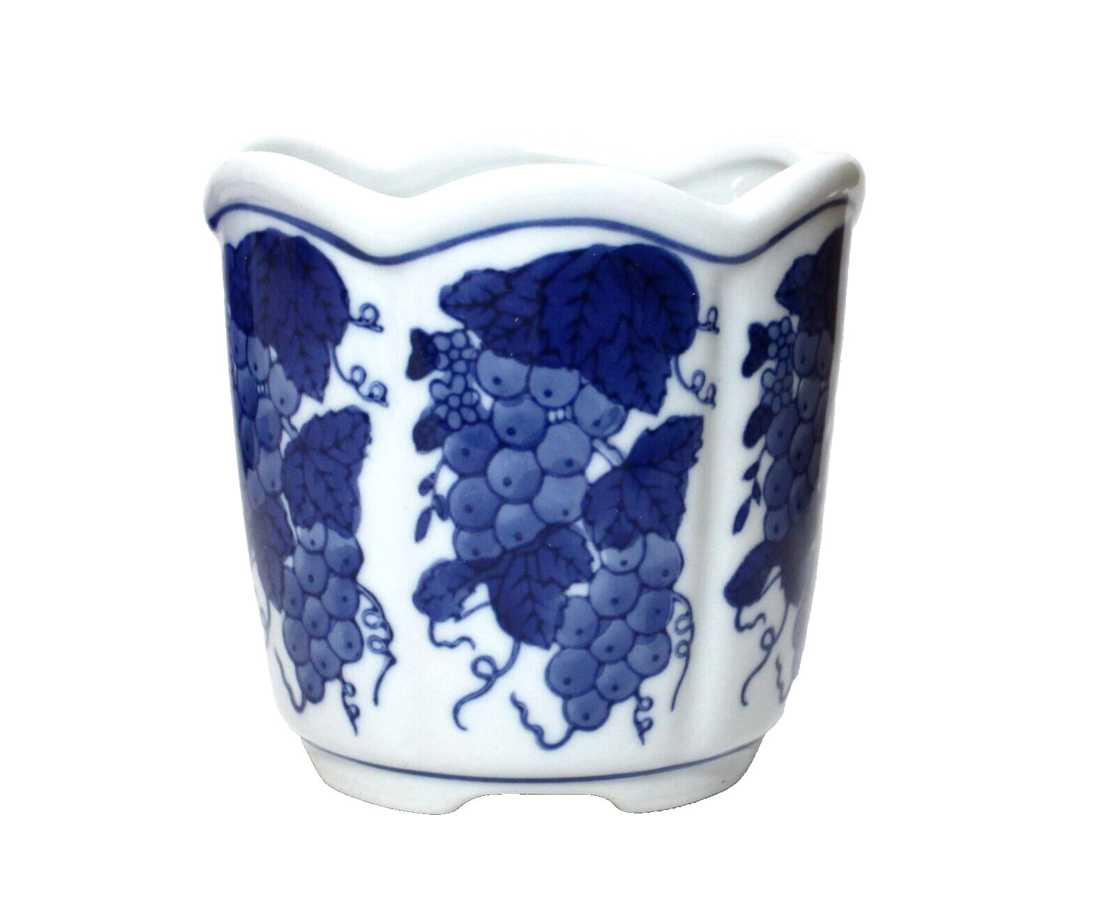 Vintage Blue & White Ceramic Planter Grapes Footed Pot Holder