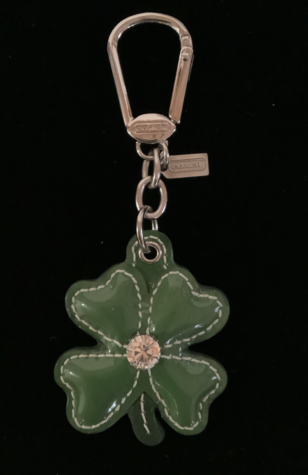 Coach Green Patent Leather Four Leaf Clover Keychain Jumbo Rhinestone