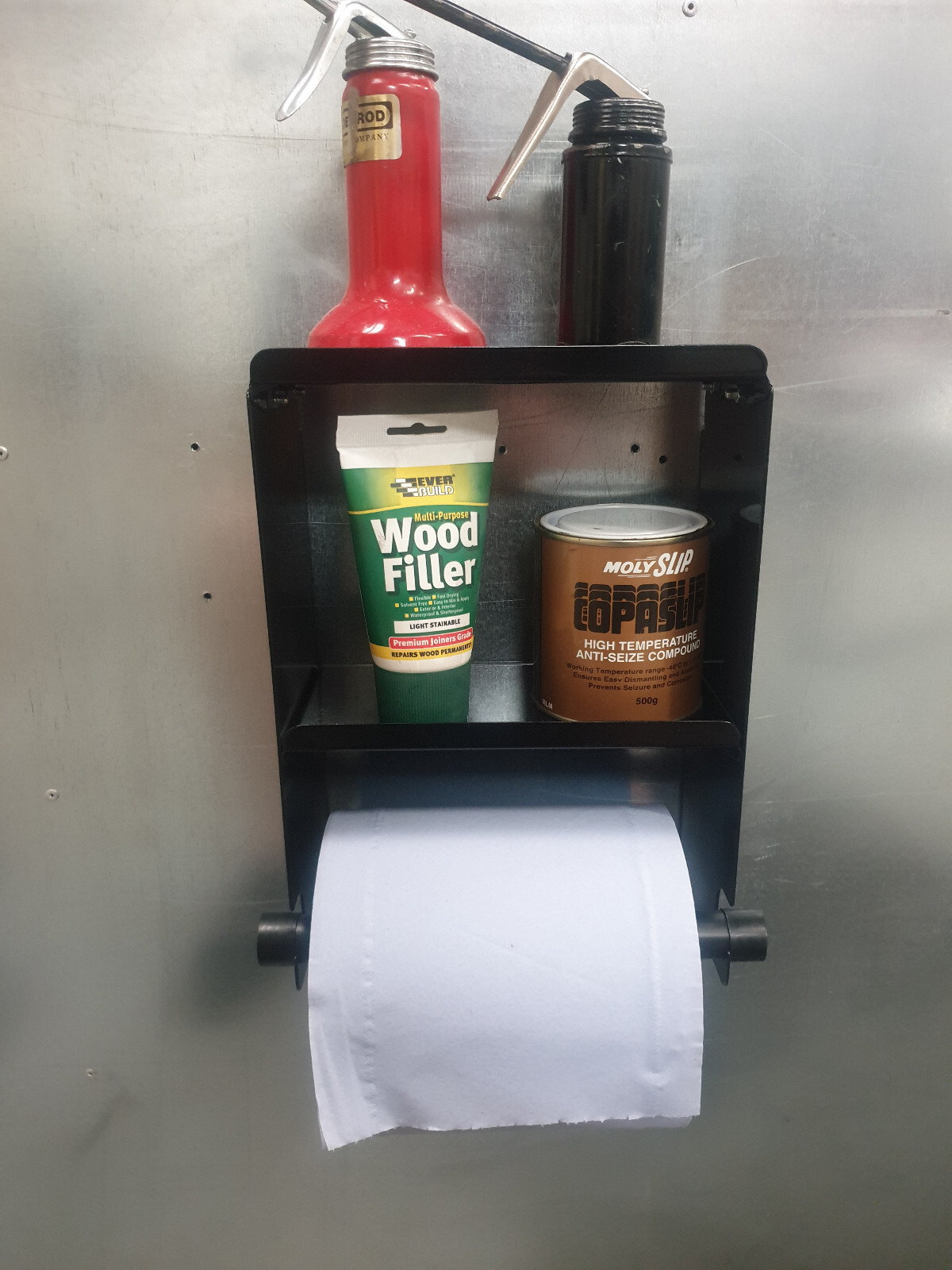 Metal, Blue Roll Paper towel Holder and twin shelfs, in gloss black powder coat