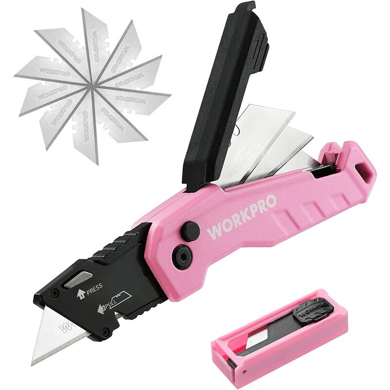 WORKPRO Folding Utility Knife Quick Change Box Cutter w/13PC Blade Red/Blue/Pink