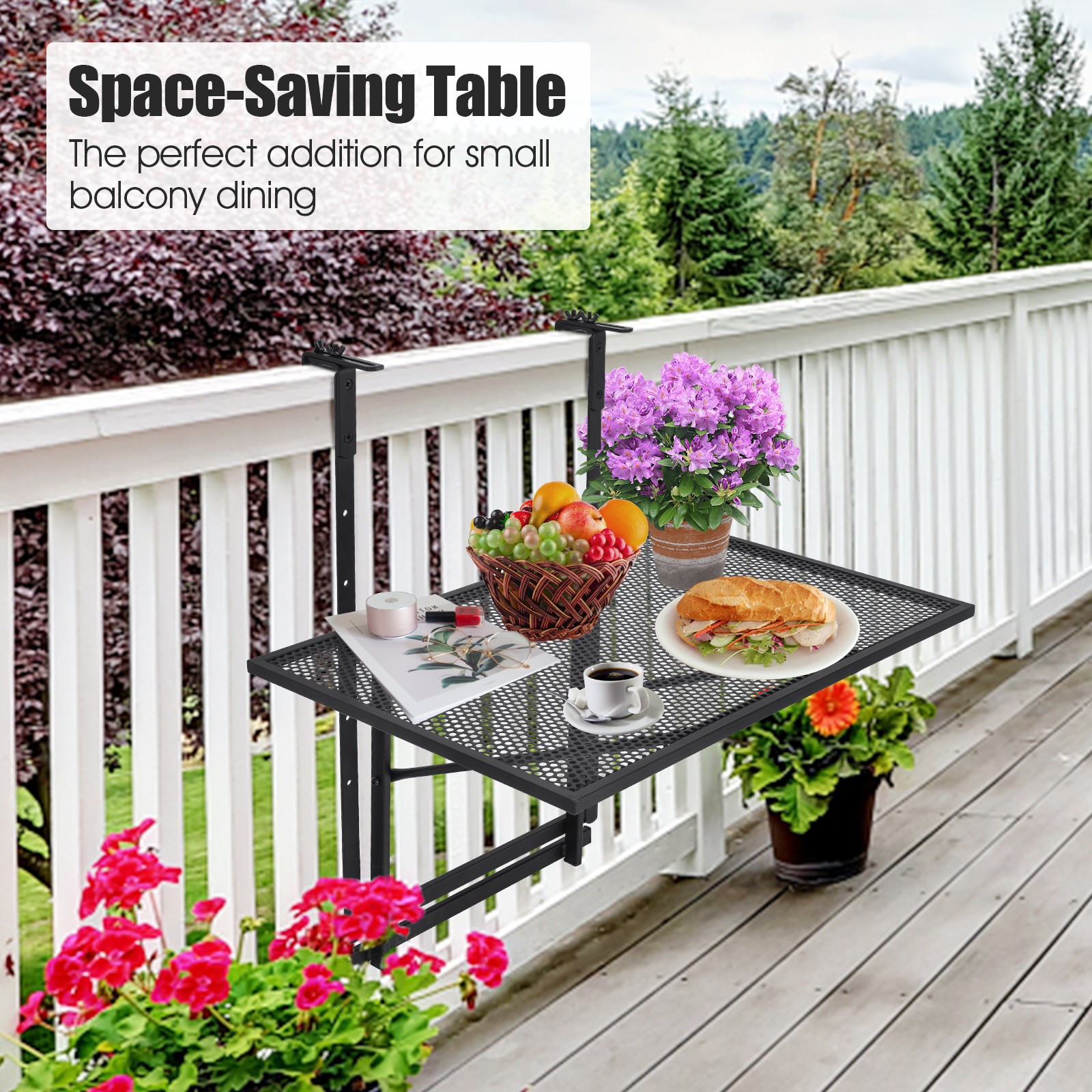 Patiojoy Folding Hanging Table Adjustable Balcony Railing Table Patio Deck Black