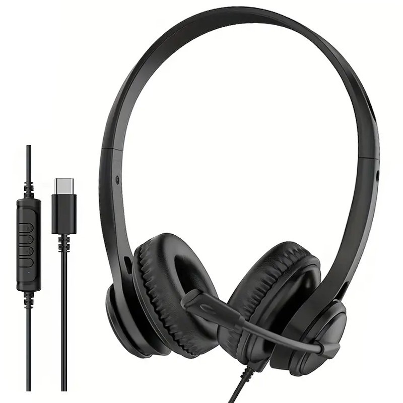 Black USB-C Stereo Headset with Boom Mic – LowCostEarbuds Model ZRX-500