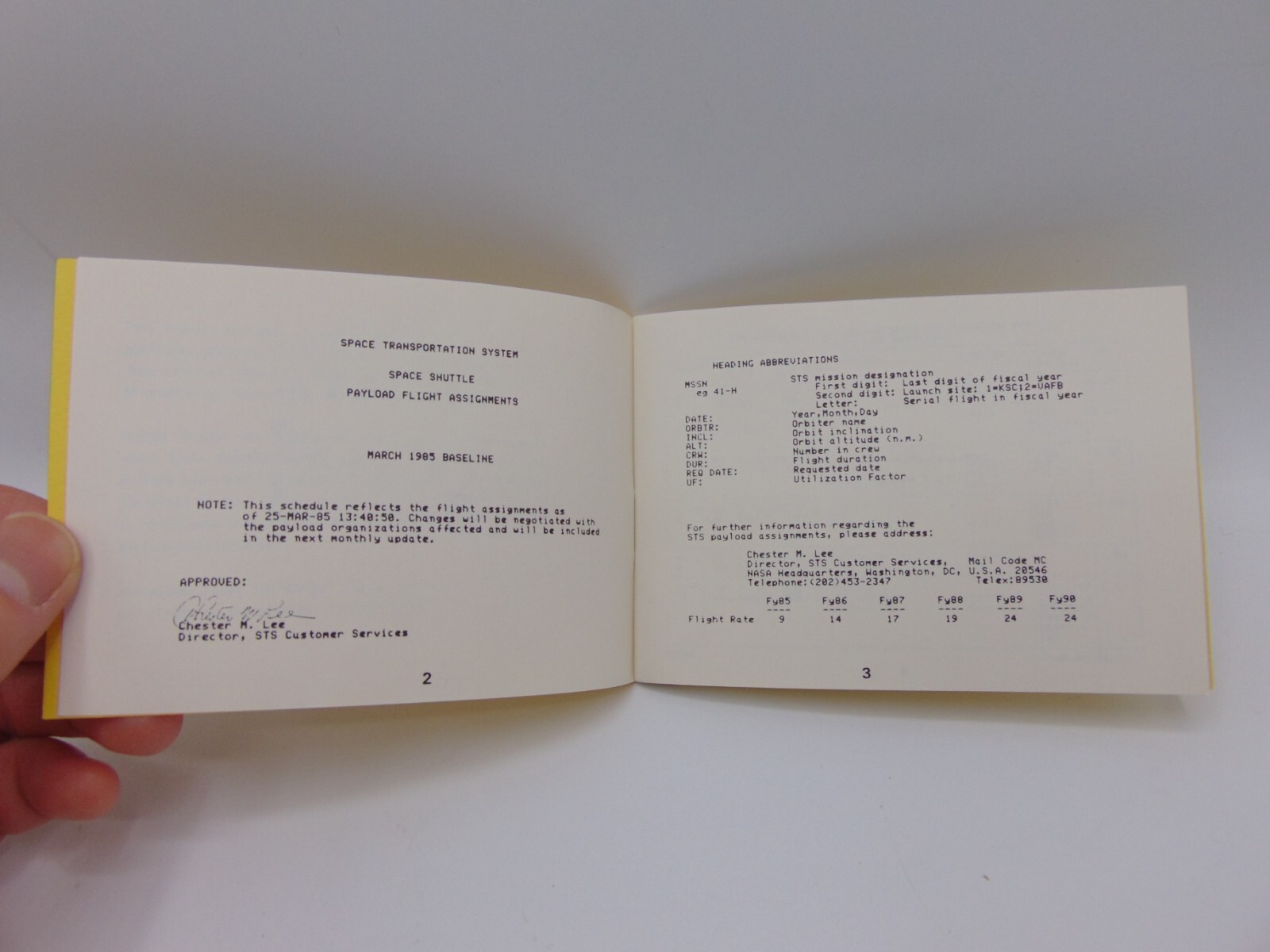 Vintage Nasa Space Program Space Shuttle Payload Flight Assignments March 1985