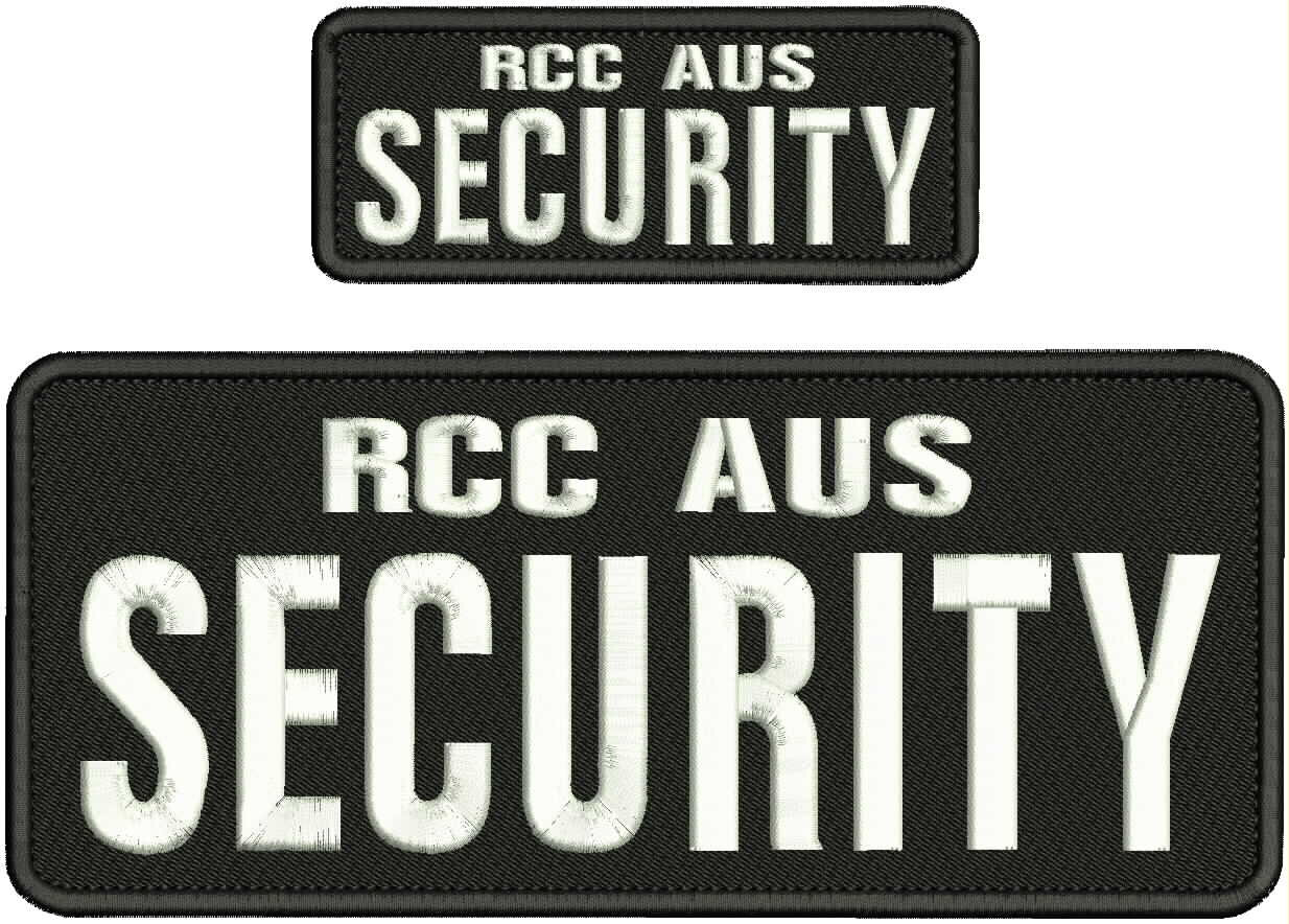 RCC AUS SECURITY EMBROIDERY PATCH 4X10 AND 2X5 HOOK ON BACK WHITE ON BLACK