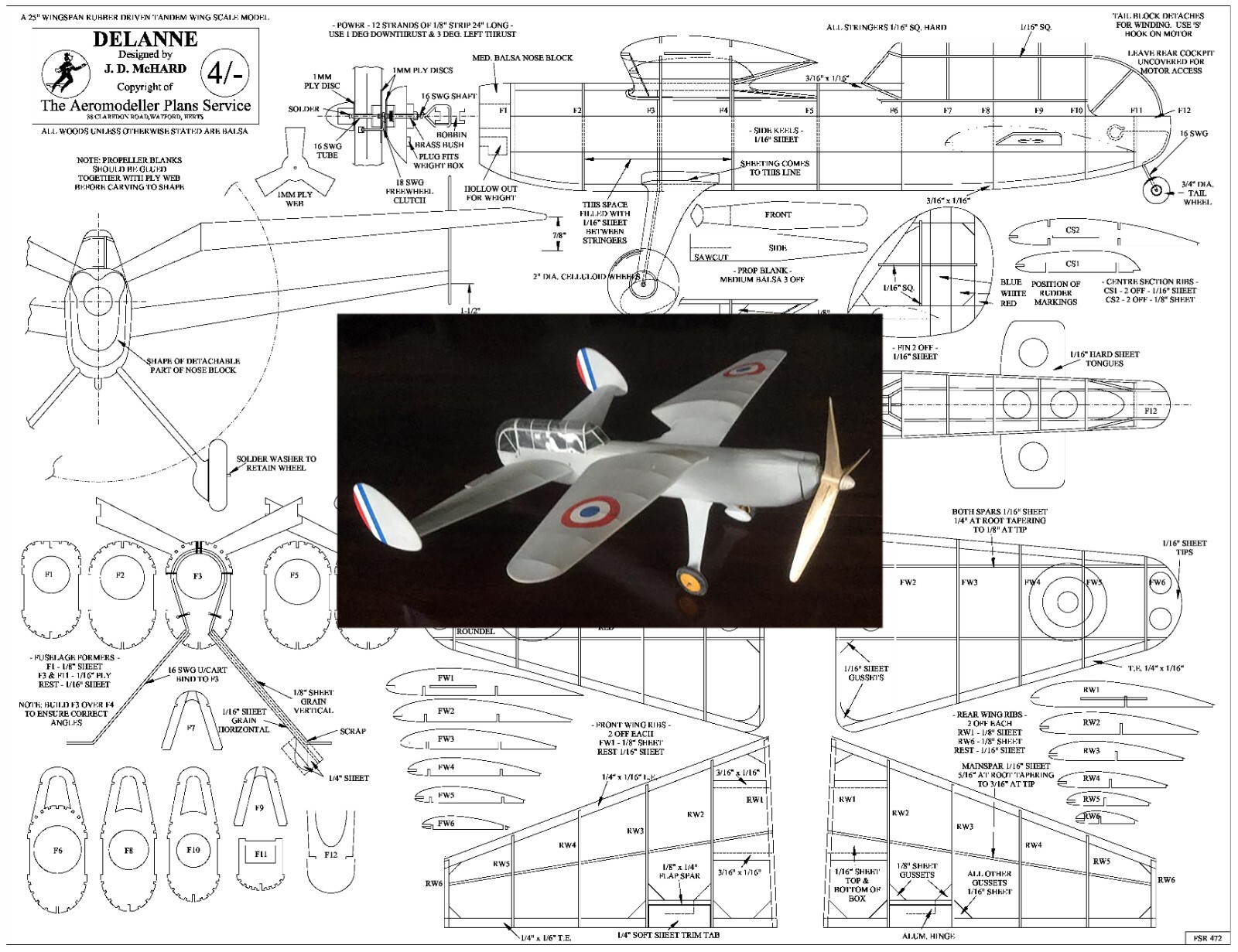 Model Airplane Plans (FF):  Delanne 25" Tandem-Wing Fighter Scale Rubber-Powered