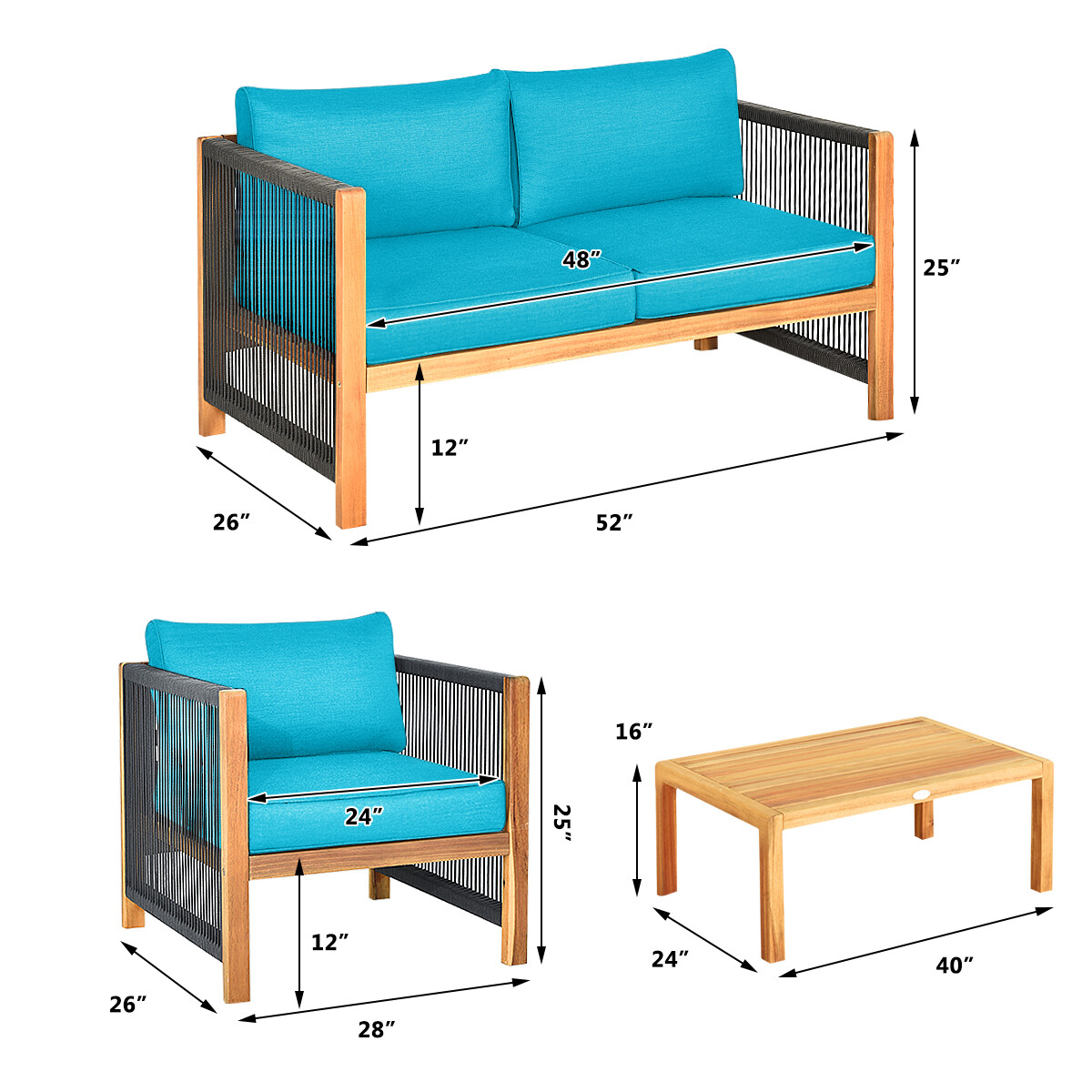 Patiojoy 4-Piece Outdoor Patio Wood Conversation Furniture Set Padded Chair